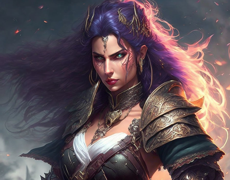 Fantasy warrior woman with purple hair in ornate armor