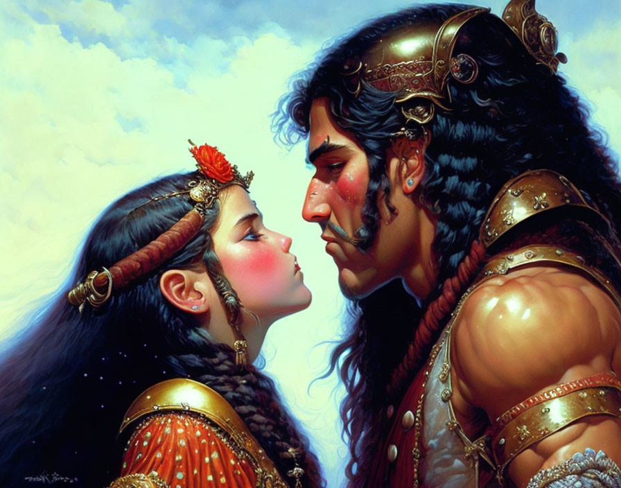 Traditional armor-clad man and woman share tender moment under serene sky