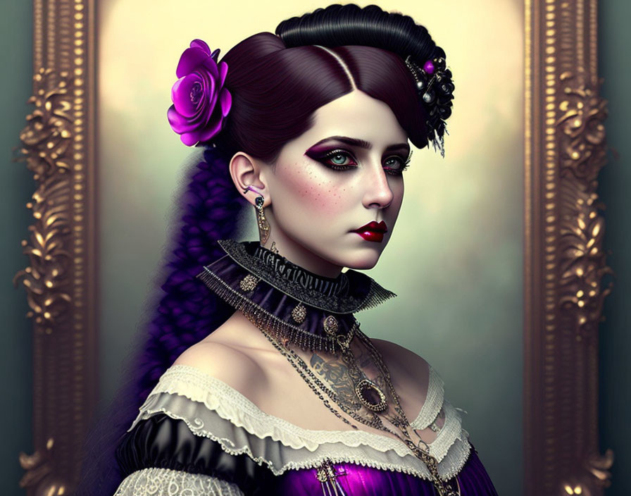 Victorian-style woman in purple dress with intricate updo and gold jewelry