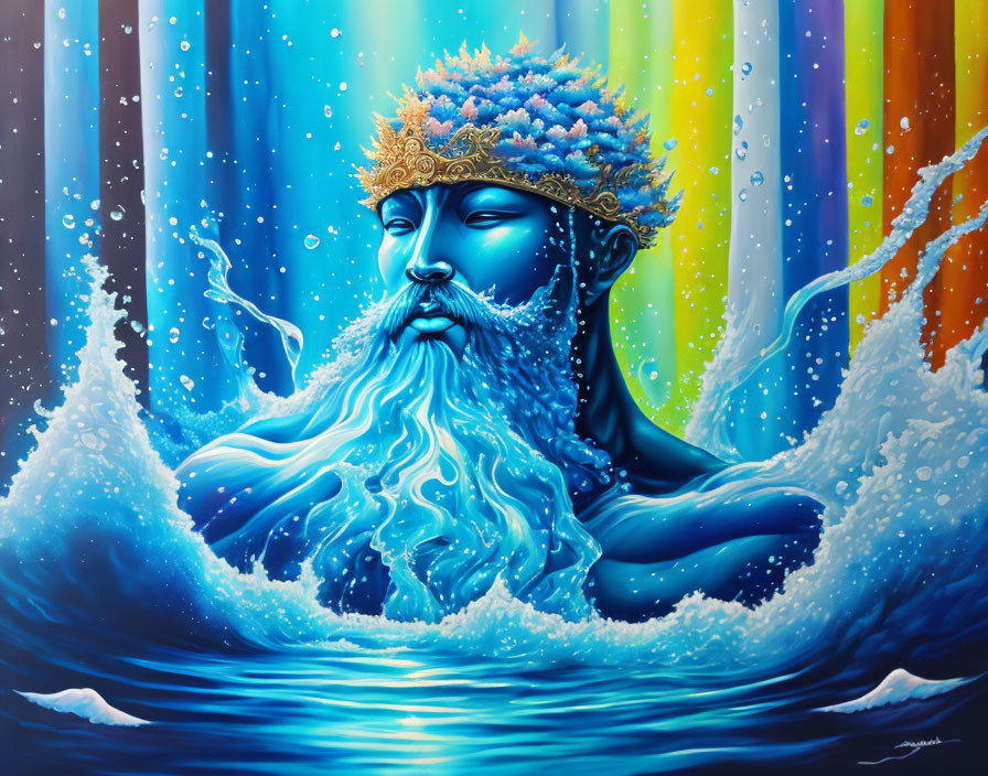 Colorful Painting of Poseidon with Golden Crown and Water Beard