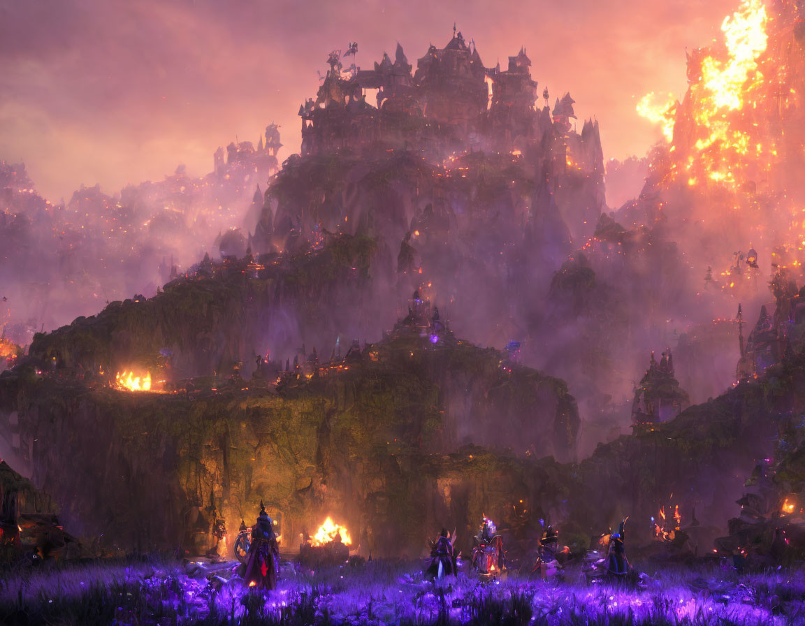 Luminous castle on cliffs in fantasy dusk landscape