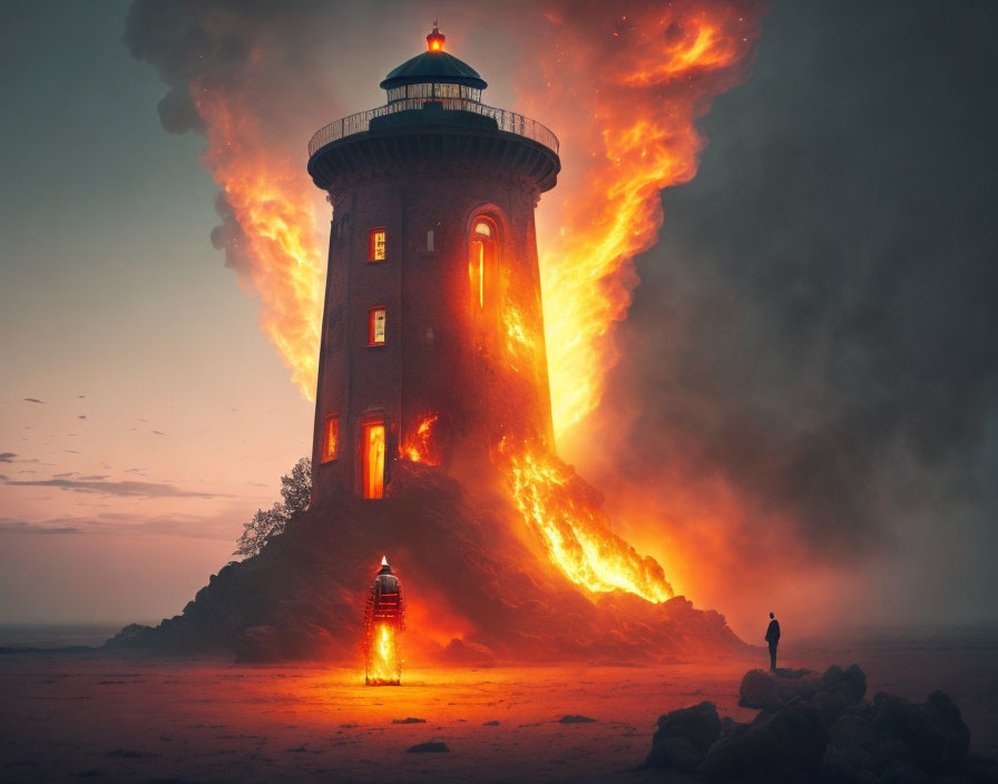 Person near lighthouse with erupting lava in dusky sky