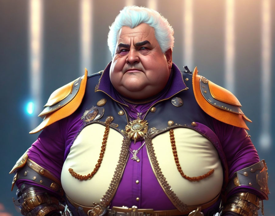 Portly animated character in luxurious outfit with purple and gold accents