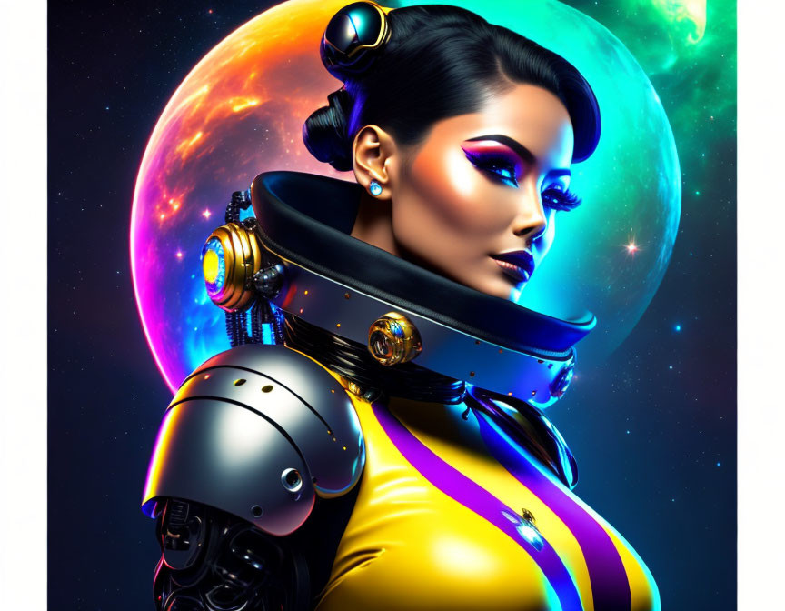 Futuristic female android with metallic arm in cosmic setting