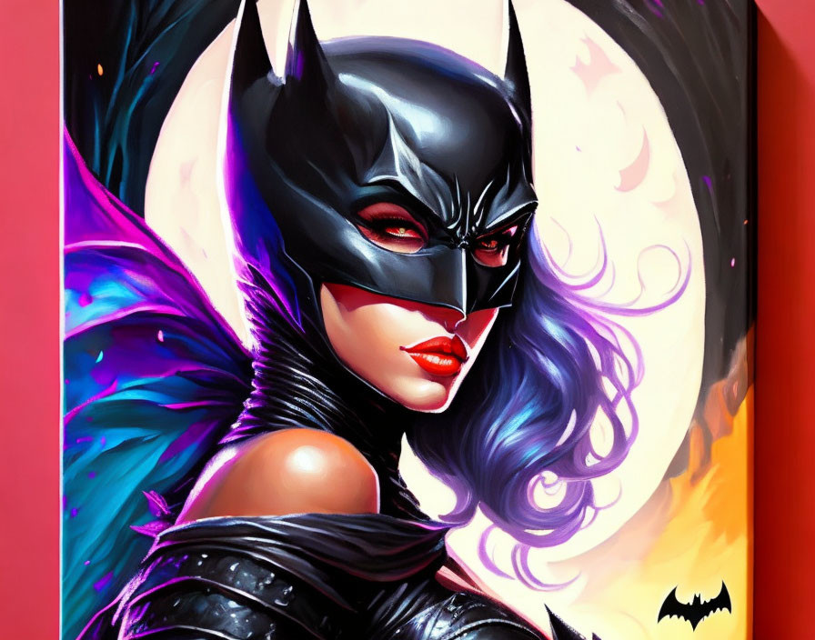 Female superhero with bat-themed mask in black costume and purple hair on moon backdrop.