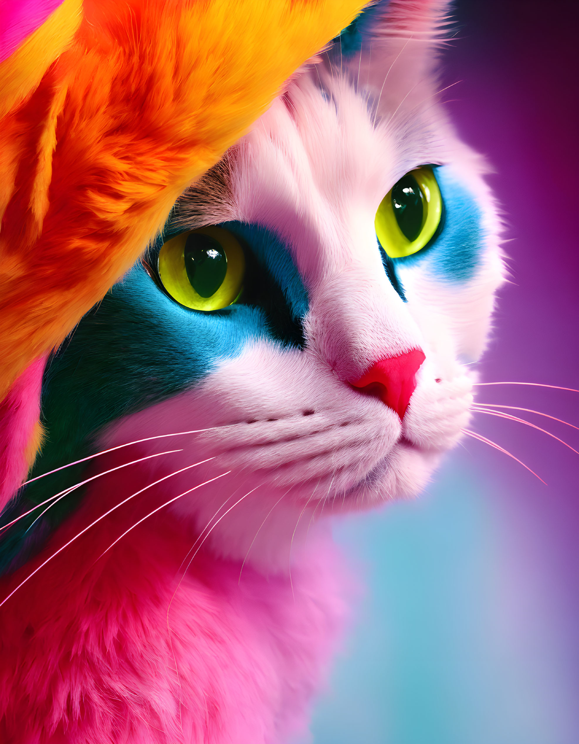 Colorful Cat Image with Pink, Blue, Yellow, Orange Fur & Green Eyes