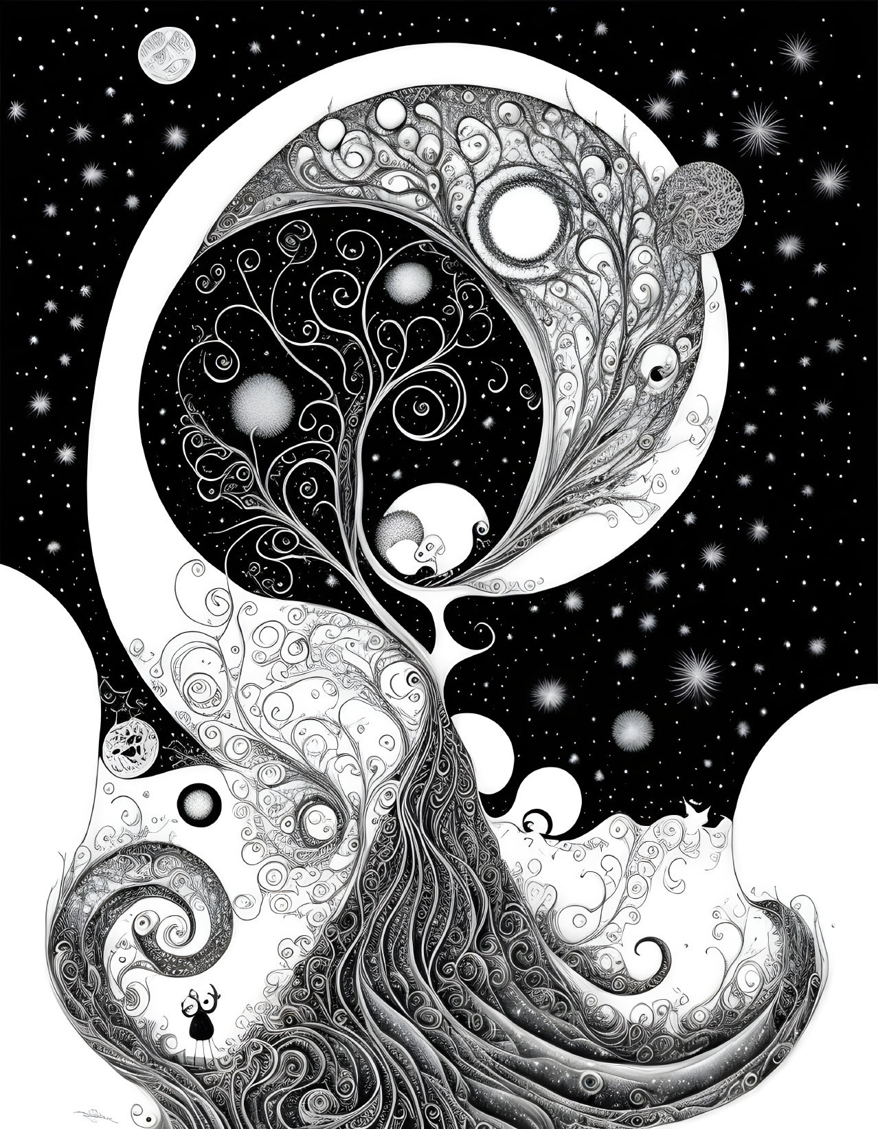 Monochrome stylized tree illustration under starry night sky