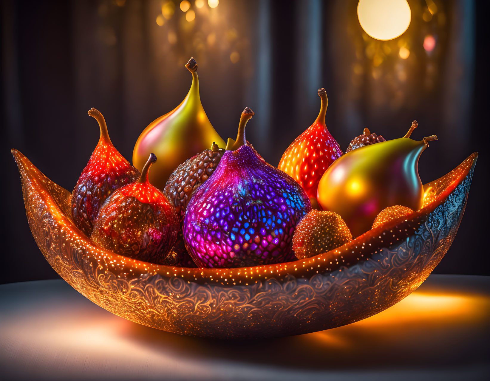 Colorful Fruit Bowl with Glowing Textured Surface on Bokeh Background