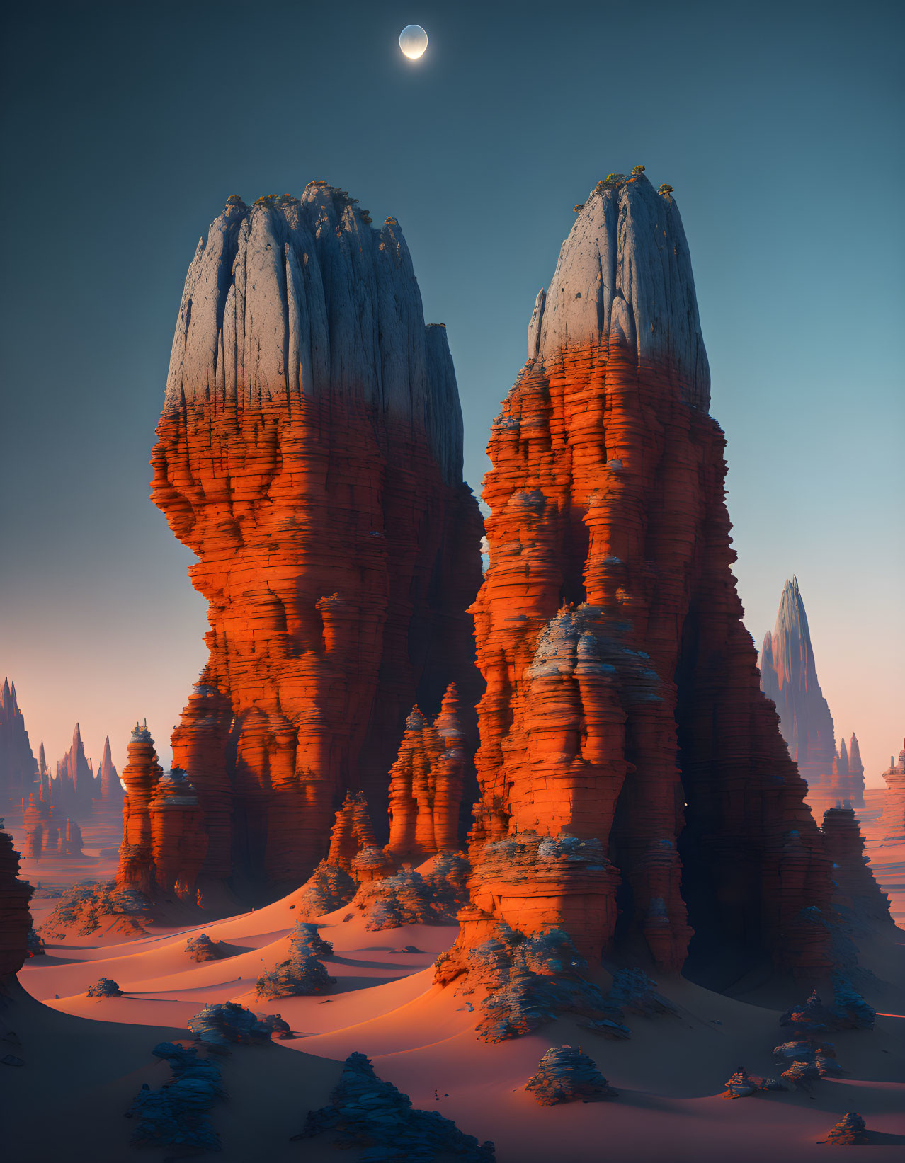 Majestic Red Rock Formations with Snowy Bases at Twilight