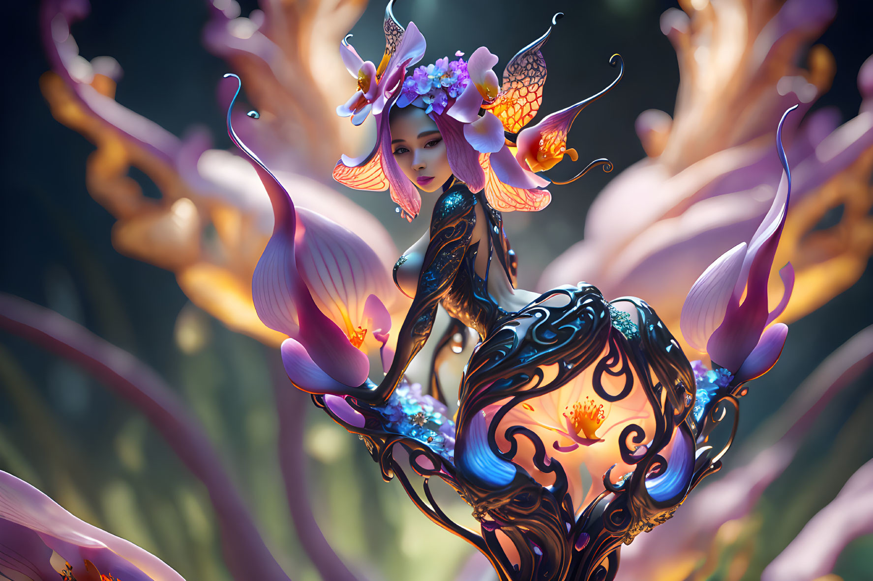 Mystical fairy with butterfly wings holding glowing blue object among vibrant flowers