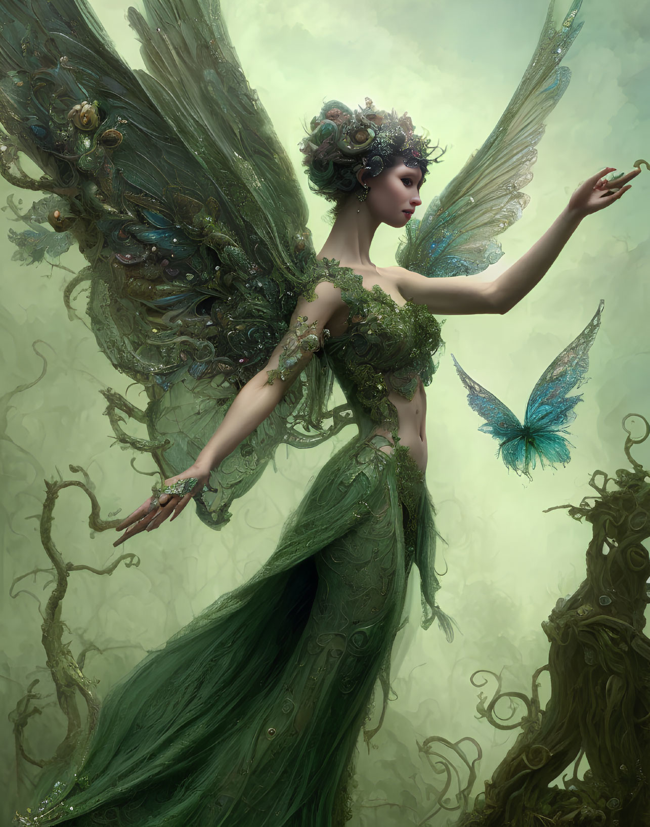 Intricate green-winged fairy-like figure in mist with smaller winged companion