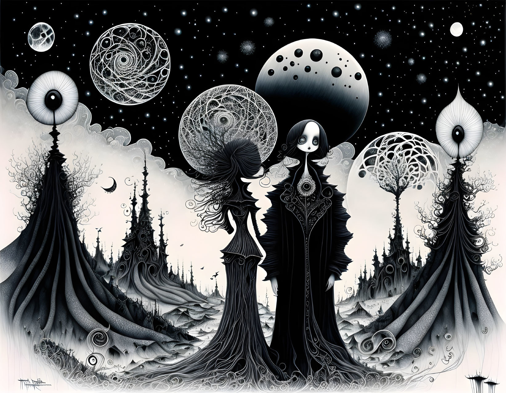 Monochrome whimsical illustration of masked figure in flowing gown amidst celestial landscape