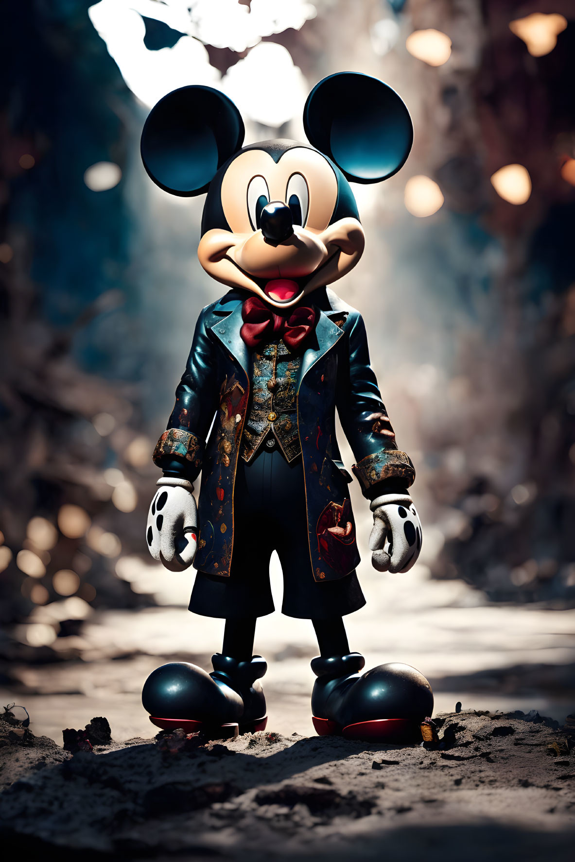 Stylized Mickey Mouse Figure in Costume with Dramatic Spotlight