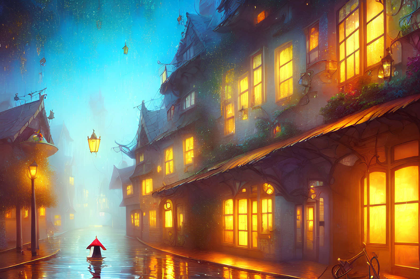 Twilight scene of cobblestone street with quaint houses and person with red umbrella