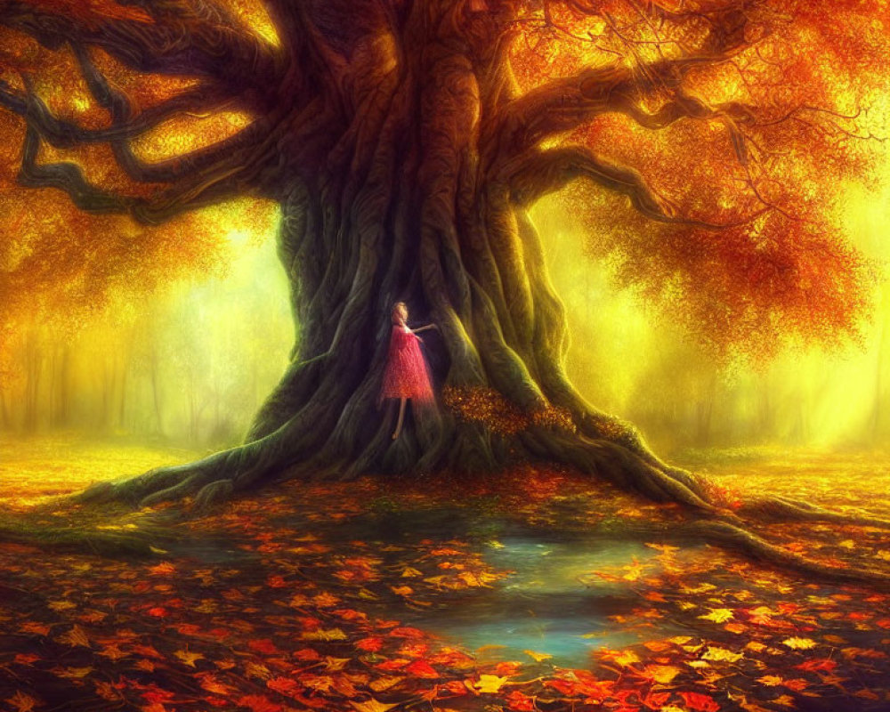 Person in Pink Dress Standing by Ancient Tree in Vibrant Autumn Forest