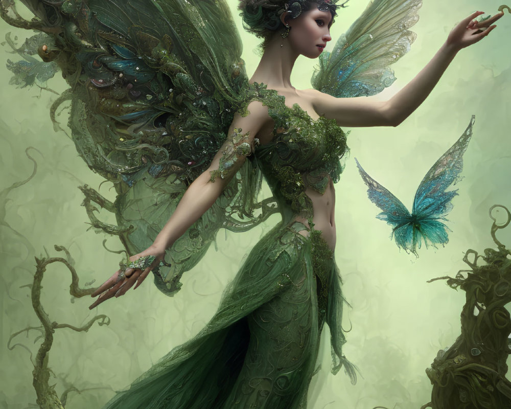 Intricate green-winged fairy-like figure in mist with smaller winged companion