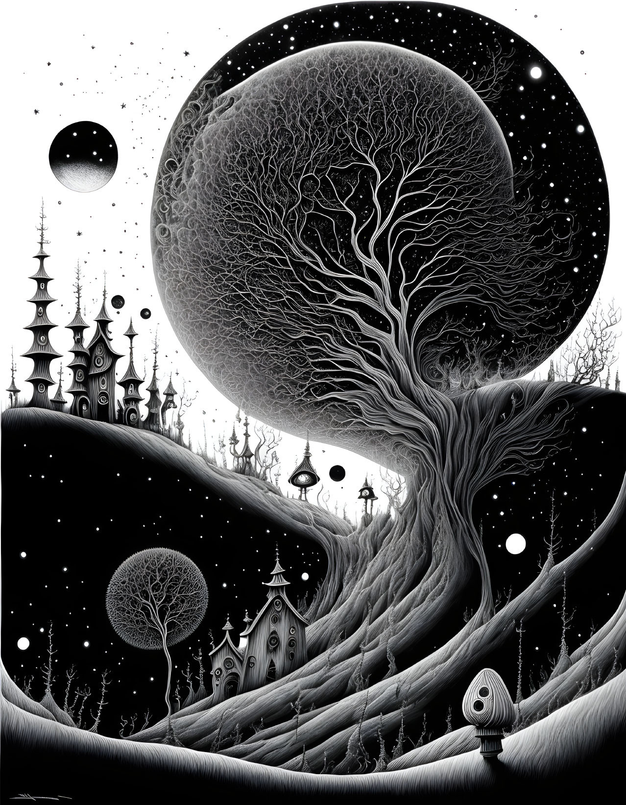 Monochrome surreal landscape with intricate tree and whimsical structures