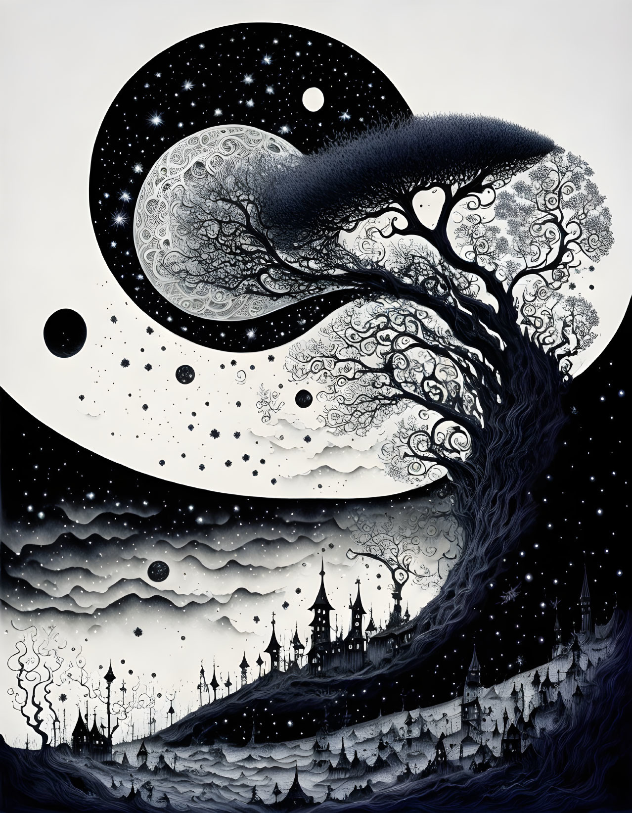 Monochromatic surreal landscape with yin-yang tree and castle