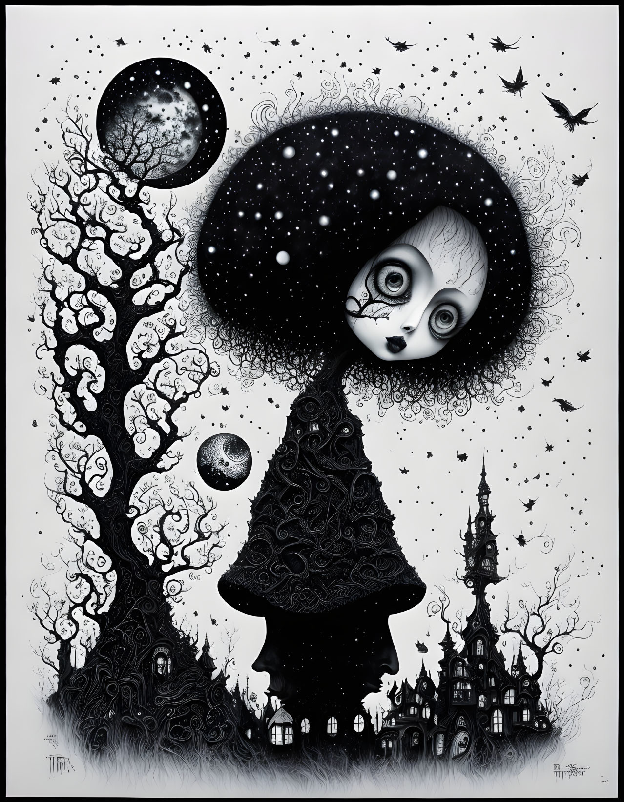 Monochromatic fantasy art: surreal landscape, moon-like face, detailed tree, whimsical castle,