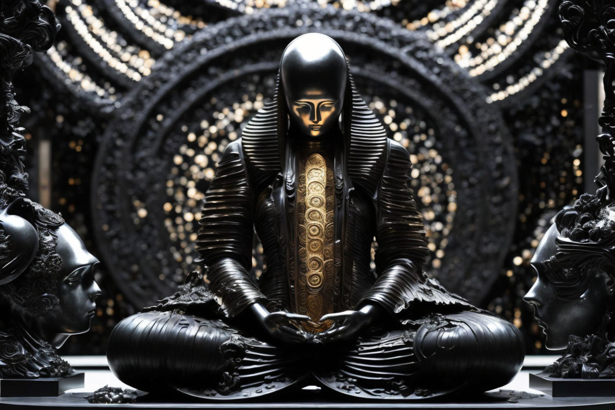 Intricate black and gold meditating statue with detailed ornamentation