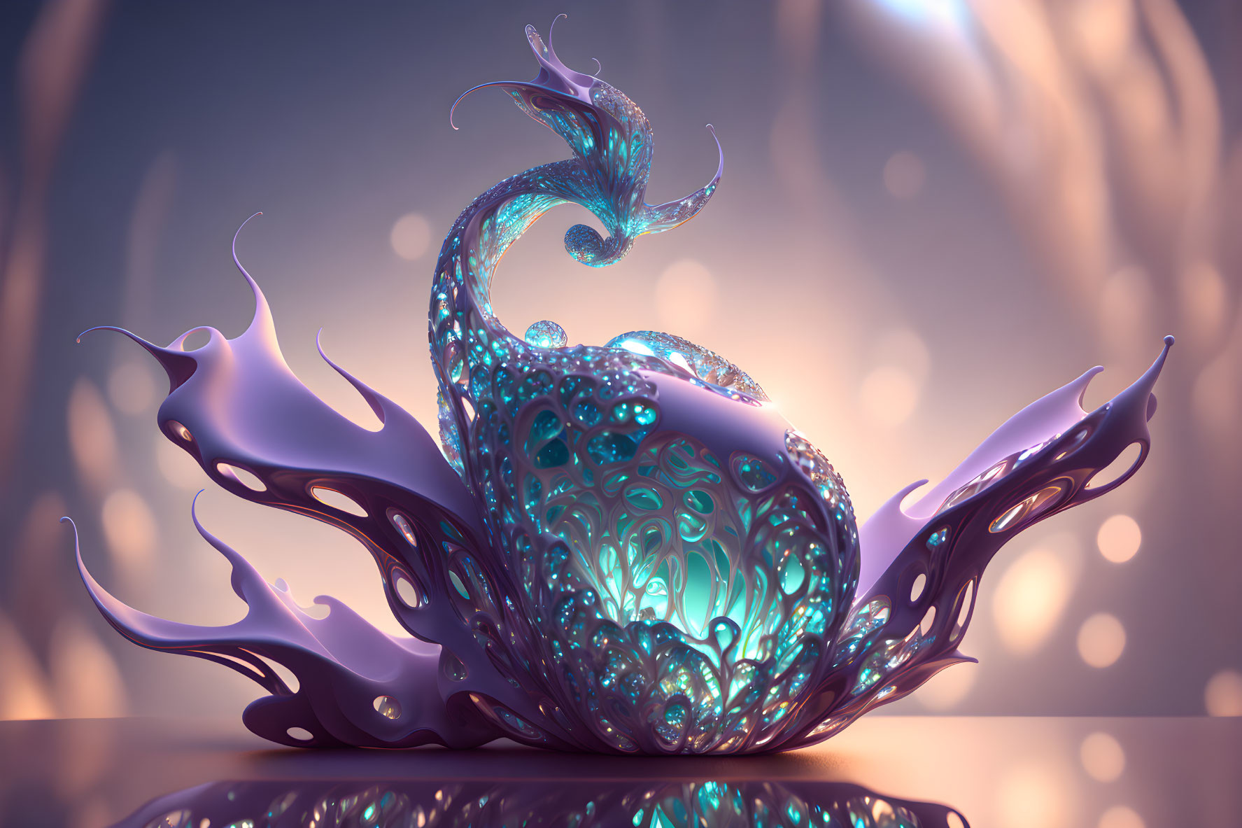 Iridescent tentacle sculpture with intricate patterns on warm background