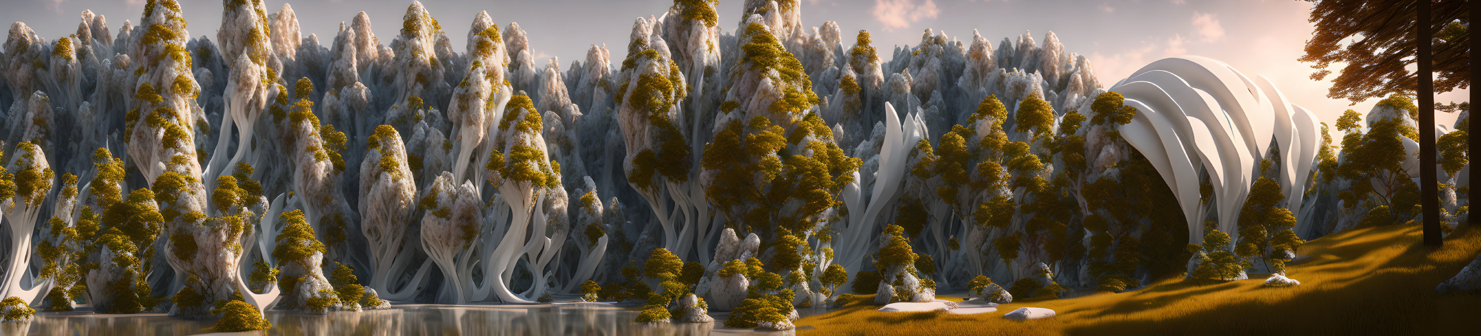 Mystical forest with large white structures in snow-capped trees