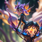 Mystical fairy with butterfly wings holding glowing blue object among vibrant flowers