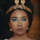 Elaborate Cleopatra styled woman with blue eye makeup and gold accessories.