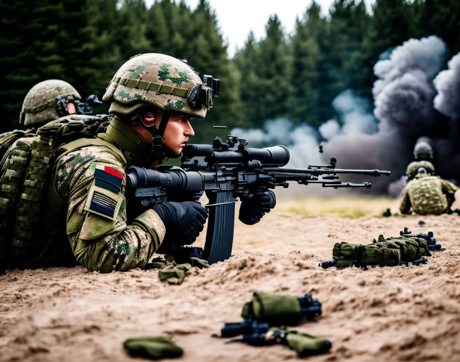 Camouflaged soldier aiming rifle amidst smoke with ammo on ground