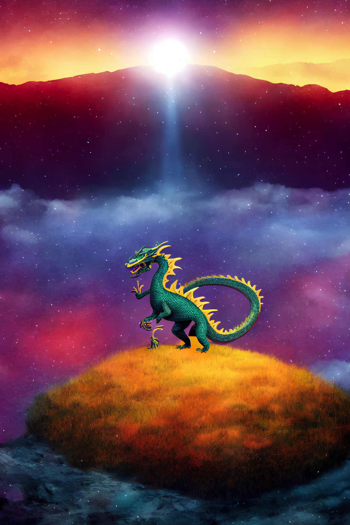 Majestic dragon on grassy knoll under starry sky