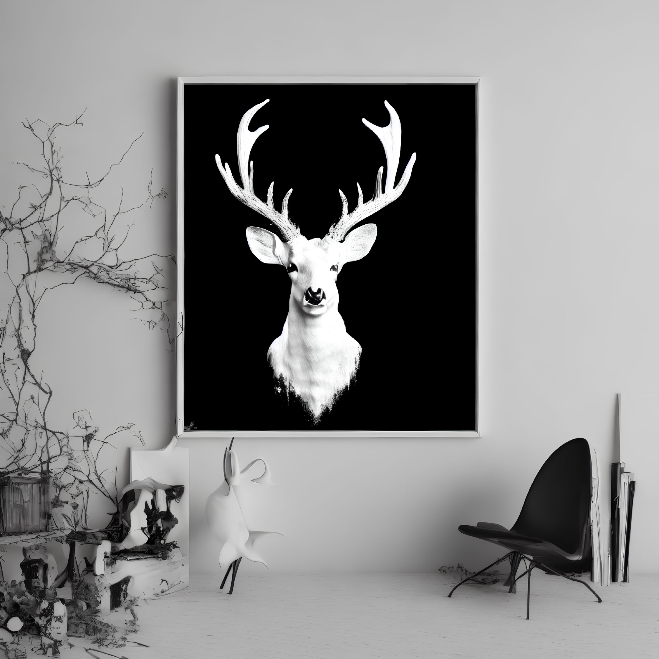 Monochrome deer artwork on framed canvas in modern interior