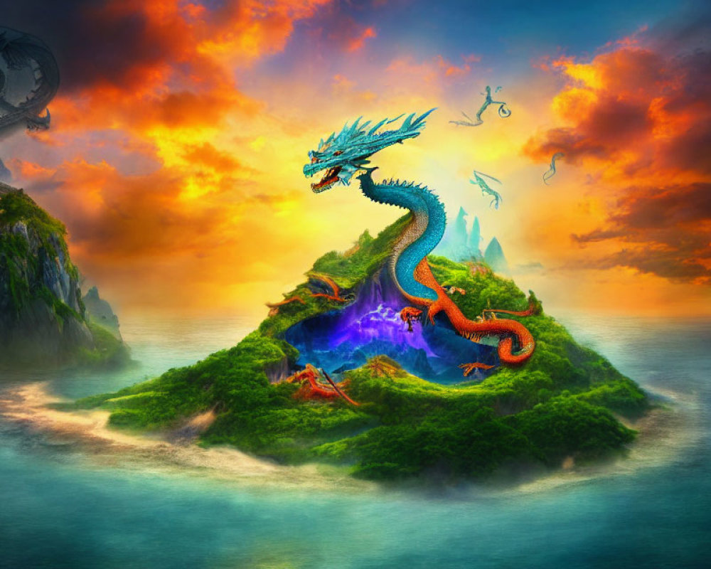 Majestic blue and orange dragon in vibrant fantasy landscape