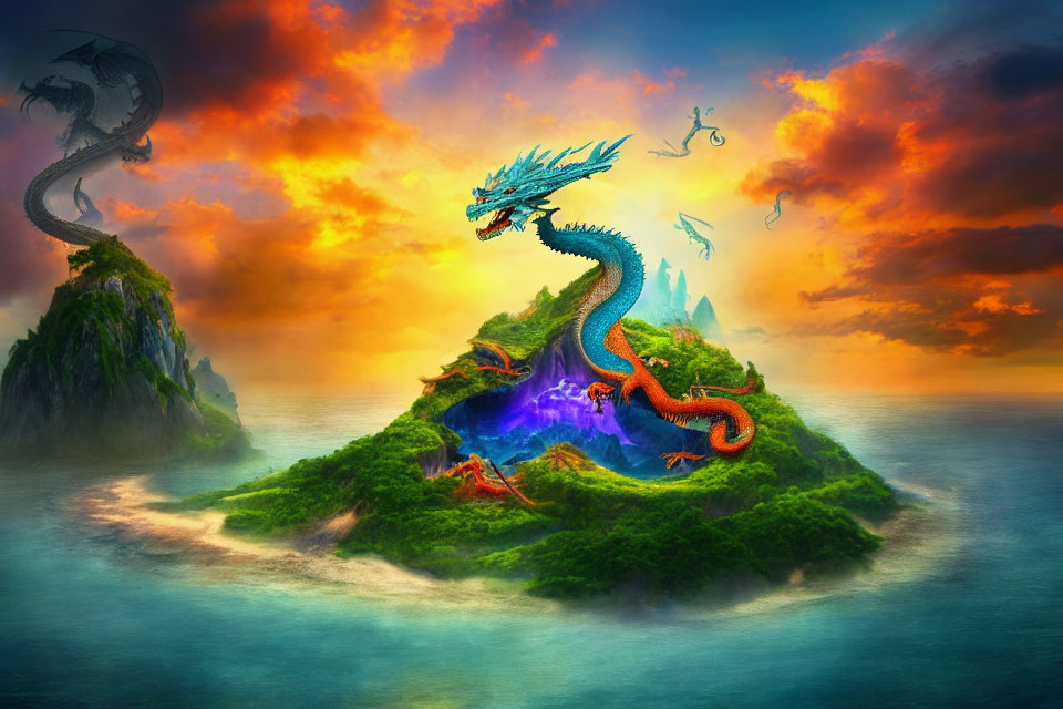 Majestic blue and orange dragon in vibrant fantasy landscape