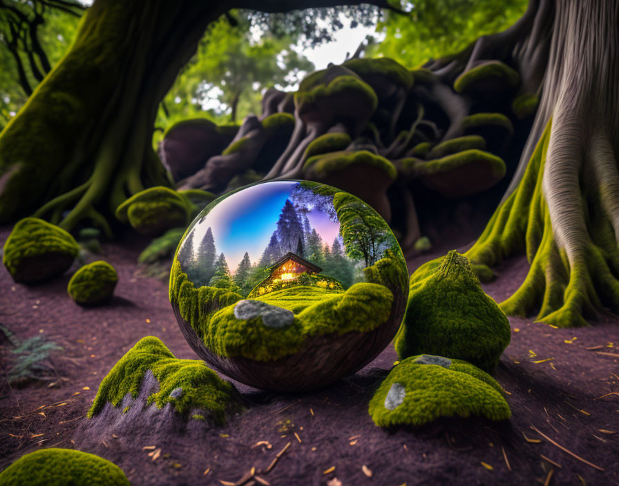 Crystal ball on mossy forest floor mirrors inverted house and trees under twilight sky with gnarled roots