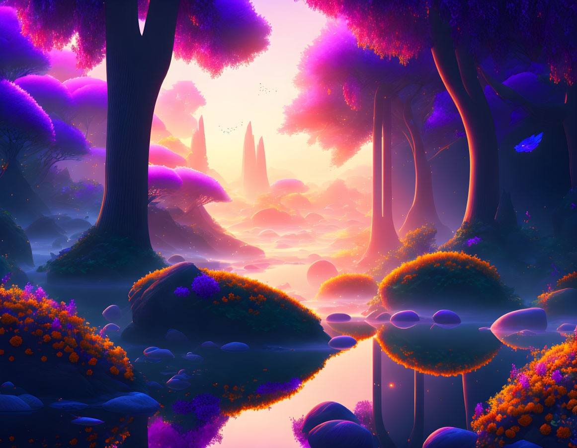 Fantasy landscape with purple foliage, ethereal castle, reflective water, warm glowing sky