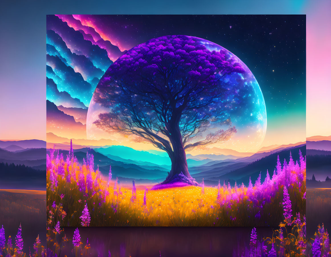 Vibrant digital artwork: solitary tree, purple skies, rolling hills, large moon, star-s