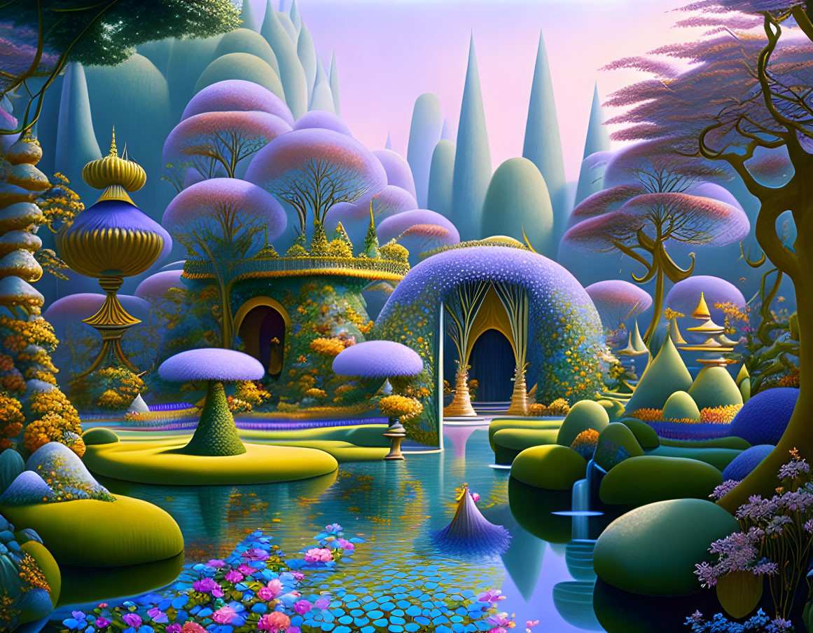 Fantasy landscape with whimsical trees and reflective waterway