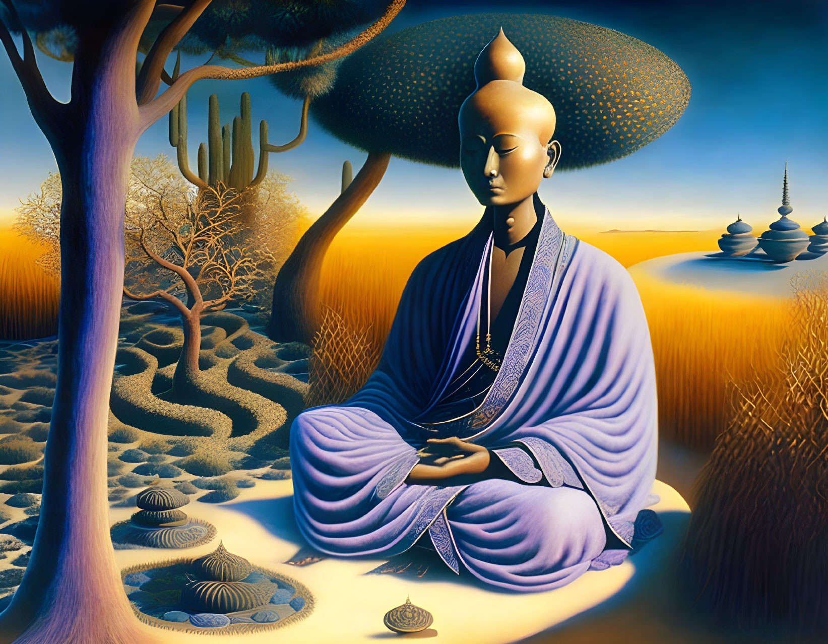 Large Buddha Figure Meditating in Surreal Desert Scene