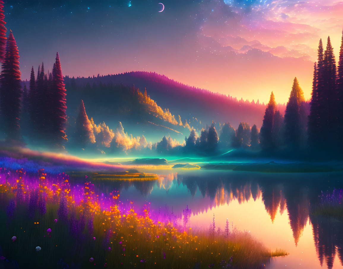 Surreal colorful forest reflected in tranquil lake at twilight