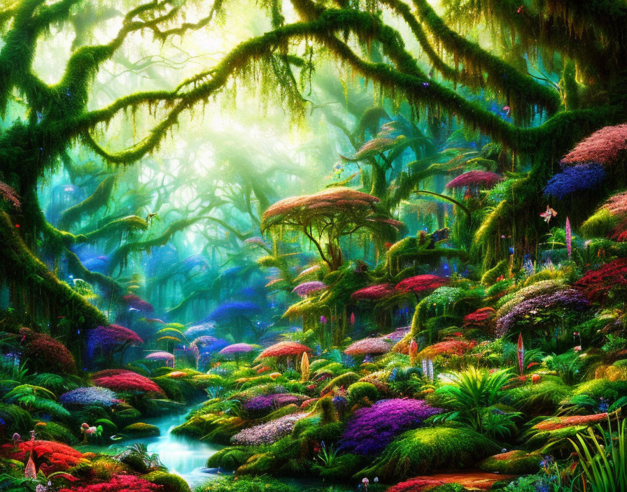 Colorful Flora and Moss-Covered Trees in Enchanted Forest