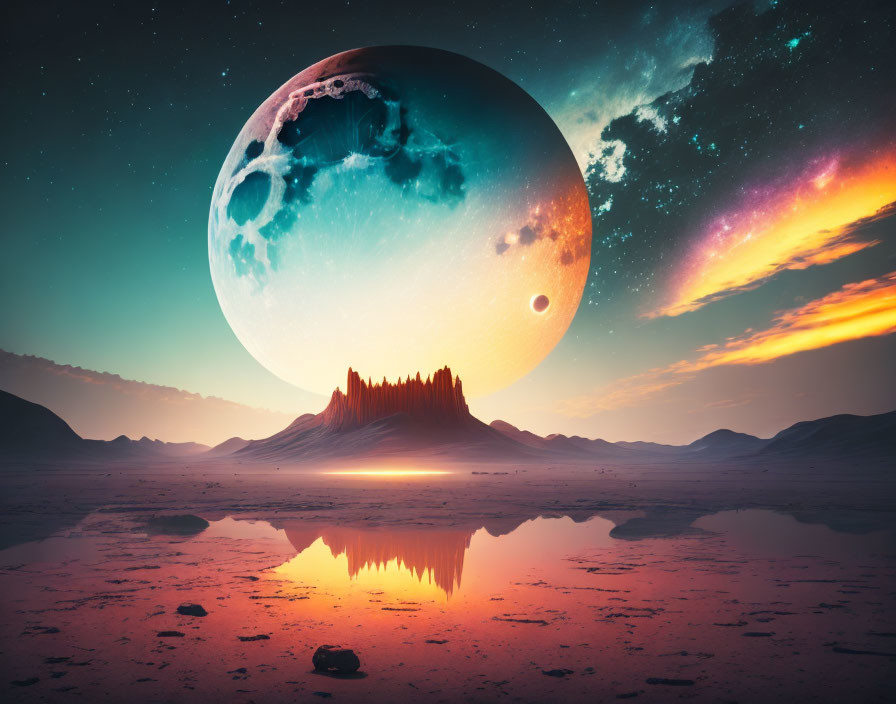 Surreal landscape with large moon, distant planet, colorful skies, rock formation, and reflective water