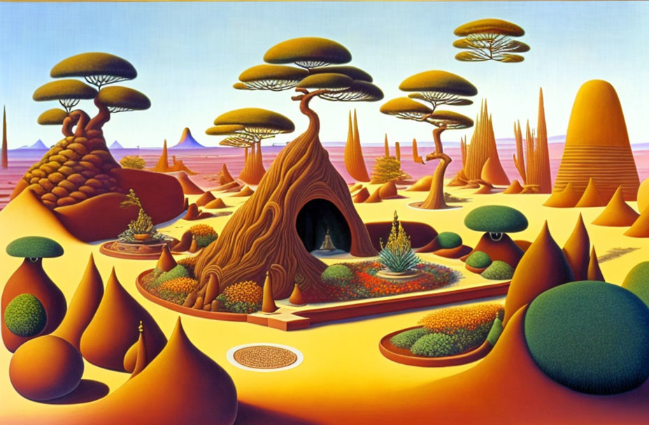 Surreal landscape with mushroom-shaped trees and conical hills