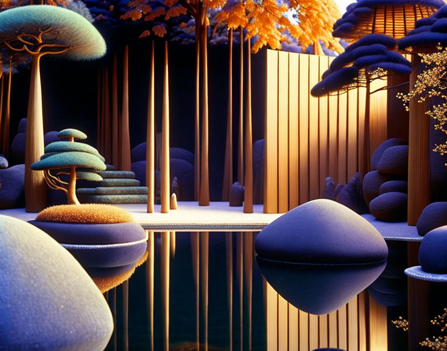 Stylized garden with oversized mushroom-like trees and reflective water features