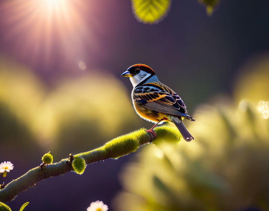 Colorful bird on branch with flowers in sunlight and bokeh.