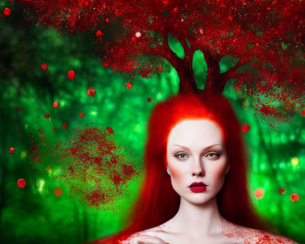 Vibrant red-haired woman in mystical forest setting