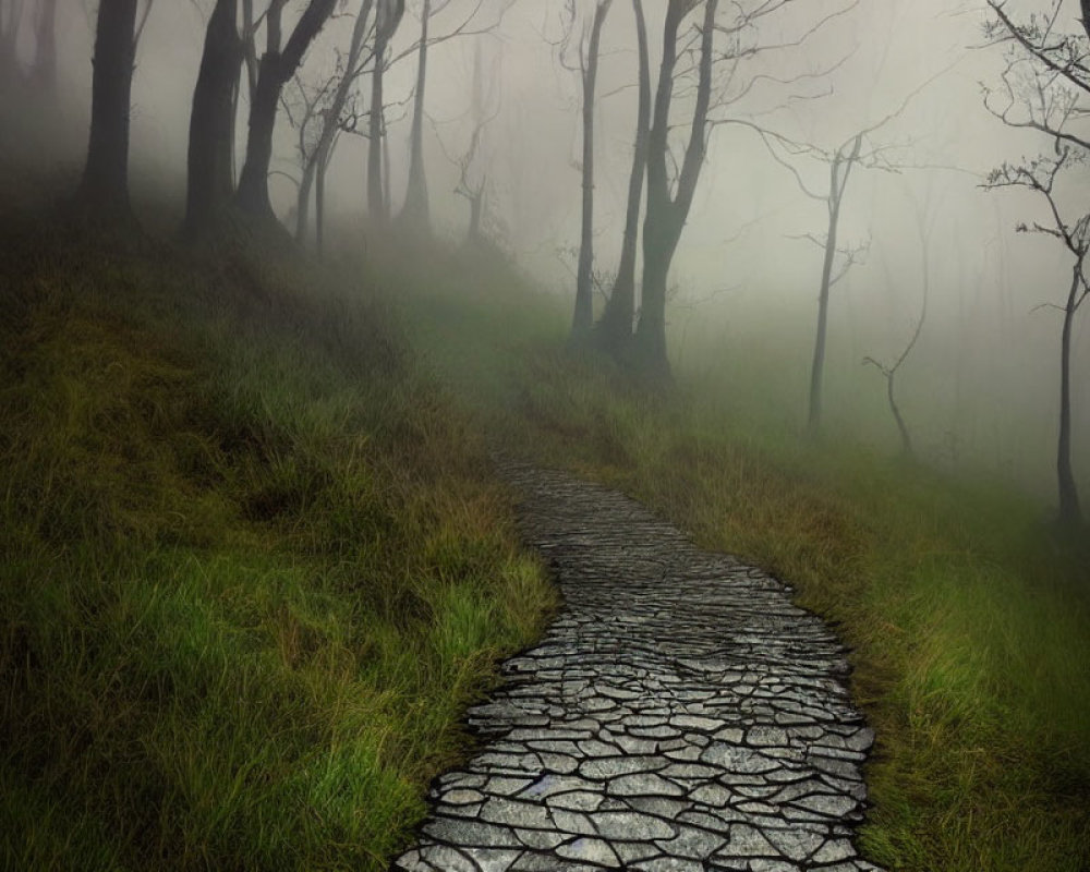 Misty forest scene with winding stone path