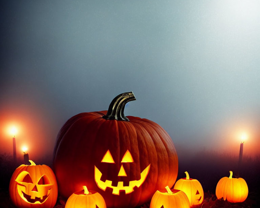 Carved pumpkin with glowing face in misty Halloween scene