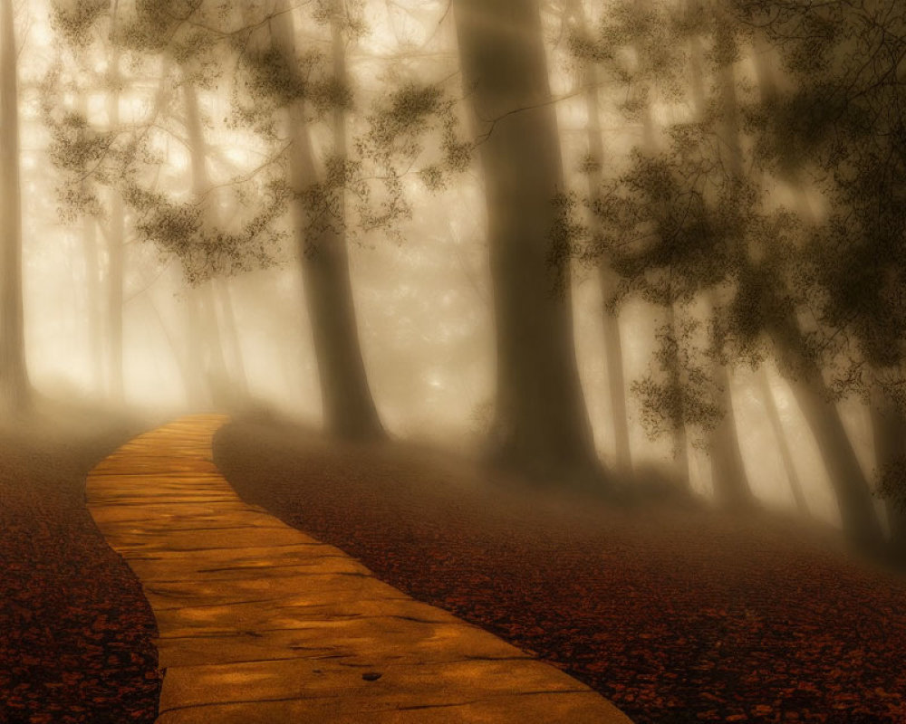 Sunlit Misty Forest Path with Winding Trail