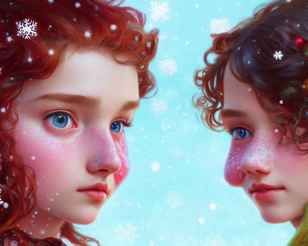 Illustrated children with rosy cheeks and curly hair in snowy scene