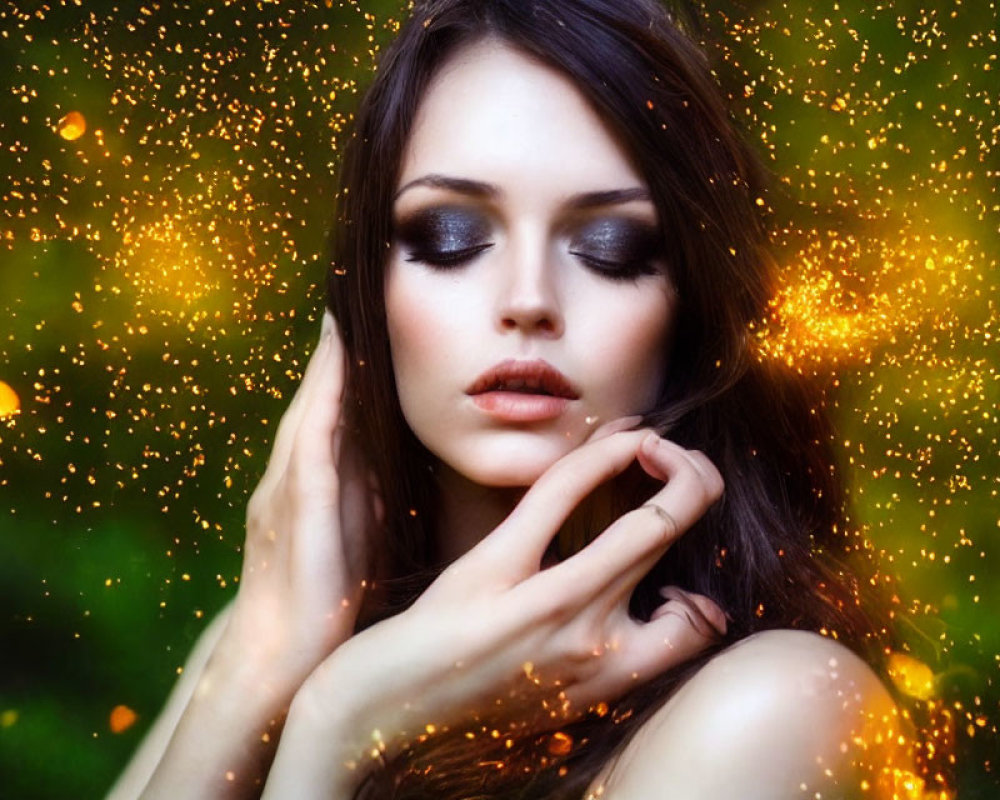 Dark-haired woman with smoky eye makeup in golden sparkles on green backdrop